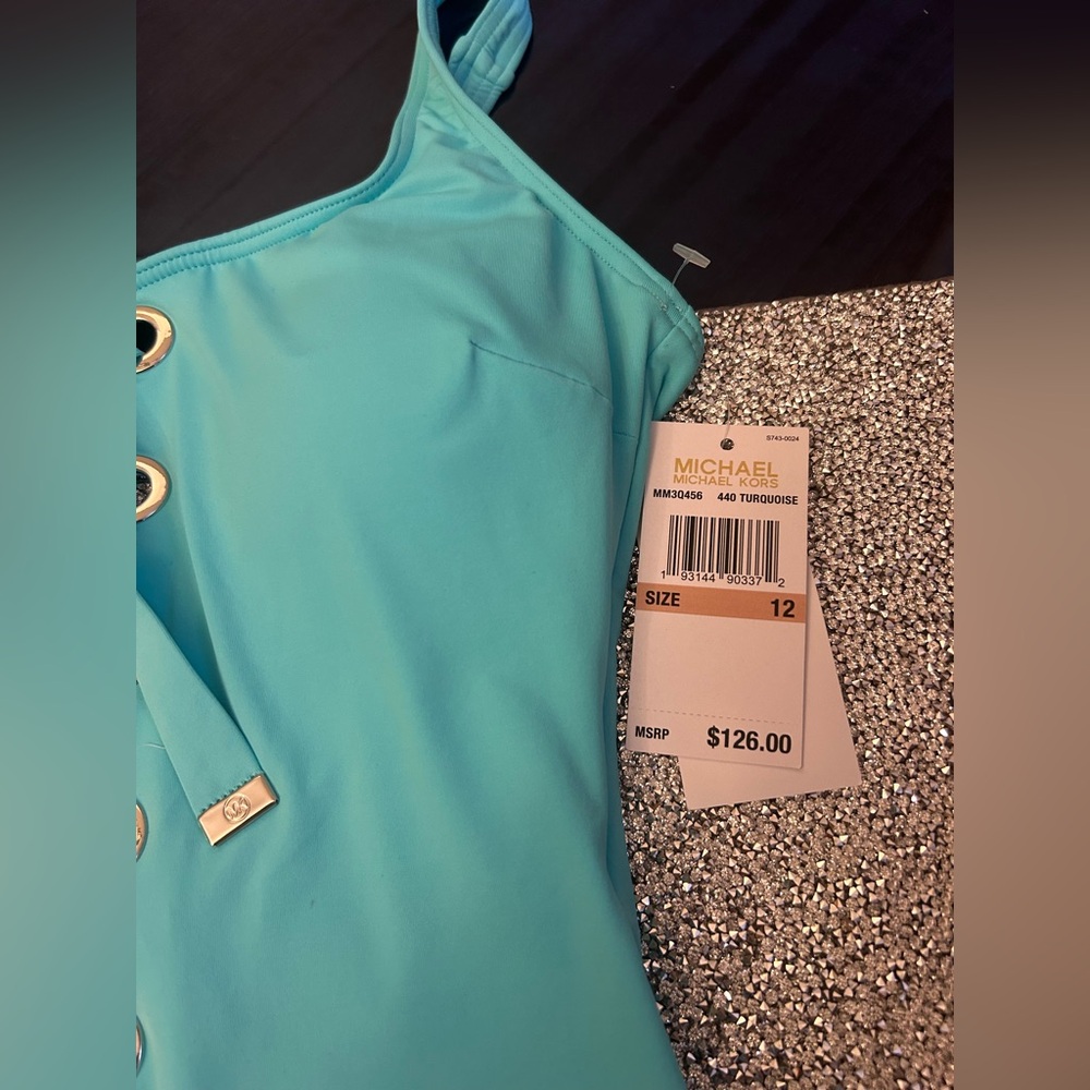 MICHAEL Michael Kors Lace Up One Piece Swimsuit - Sea Solids 440 Turquoise color - Picture 5 of 6